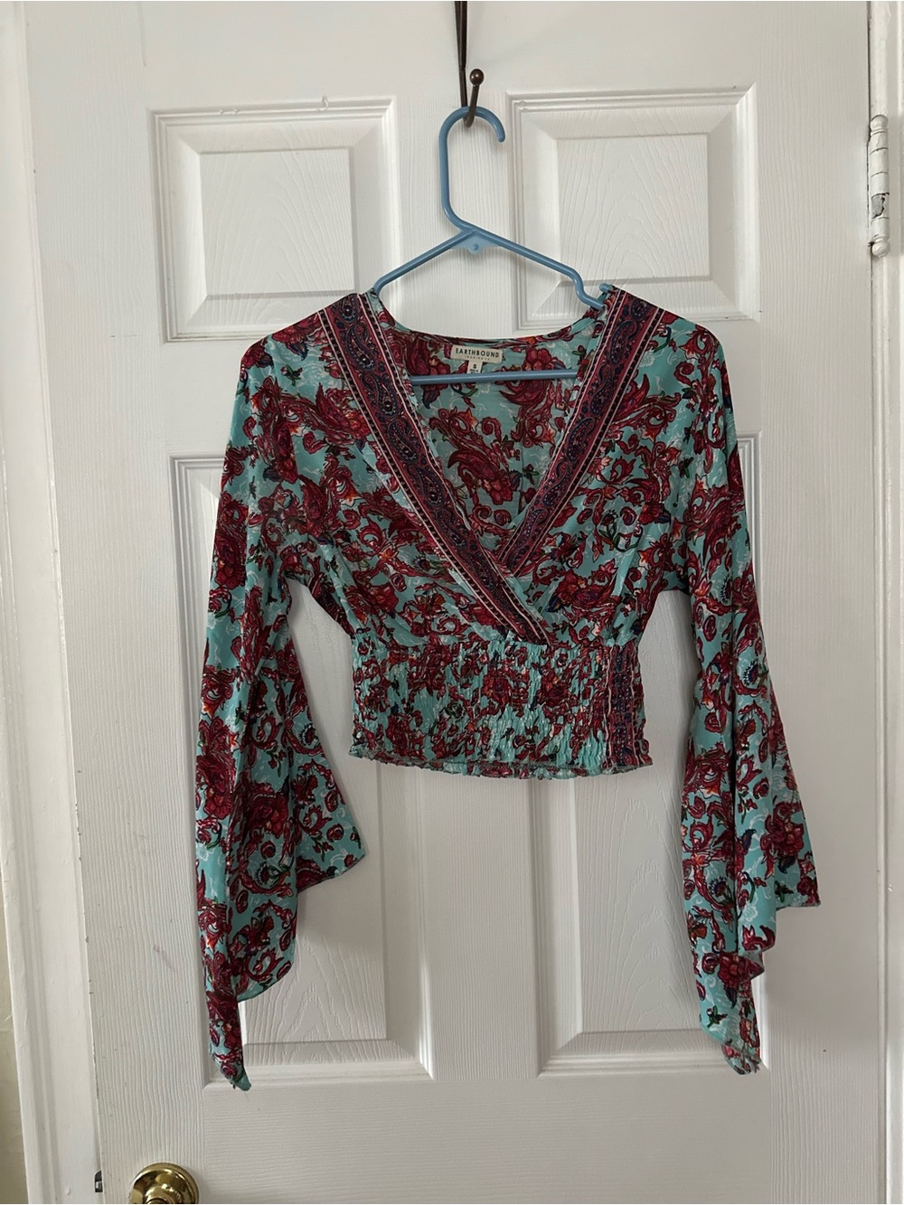 EARTHBOUND Teal Floral Wrap Crop Top with Burgundy Print